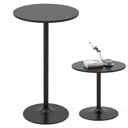 COSTWAY 2-in-1 Bar Table Set of 1/2, 56cm/101cm Height Adjustable Coffee Table with Detachable Pole & Metal Base, 60cm Round Cocktail Dining Table for Dining Room, Restaurant, Kitchen (1, Black)