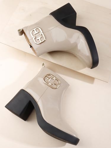 Image of ELLE Women's Glossy Platform Ankle Bootie Chunky Heel with Gold-Tone Emblem