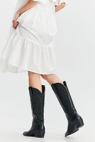 Image of iiimmu Cowboy Boots for Women Black Knee High Boots Pointed Toe and Chunky Heel Western Boots PU Leather Boots with Embroidered, Size 6.5