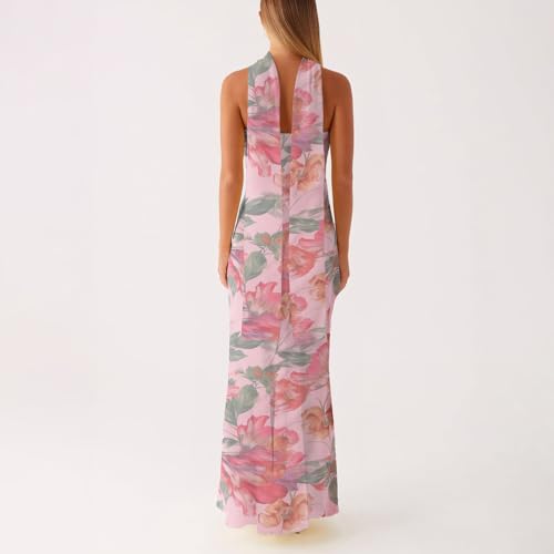 Women Floral Tube Maxi Dress with Scarf Summer Strapless Tube Bodycon Mesh Layer Cocktail Party Wedding Guest Dress4