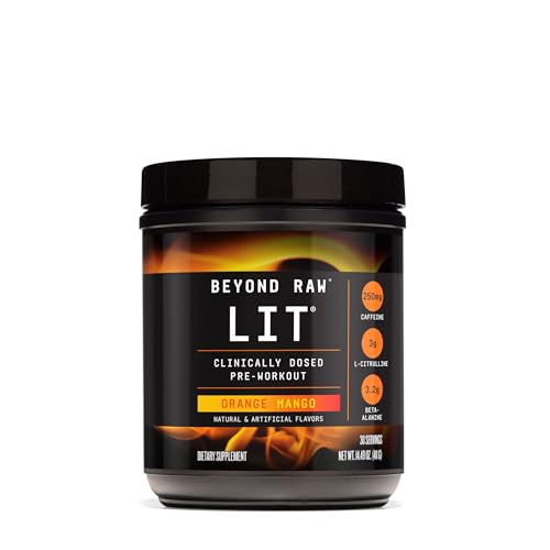 BEYOND RAW LIT Pre Workout Powder Supplement for Men and Women, Energy, Focus, Endurance, Pumps, Nitric Oxide Boost, 250mg Caffeine, Creatine, Beta Alanine, Orange Mango, 30 Servings
