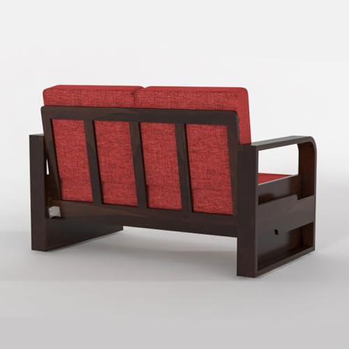 Image of Solid Sheesham Wooden 2 Seater Sofa for Living Room | Sofa with Side Pocket Storage & Cushion | Rosewood Sofa Set for Home (Walnut with Red Cushion, 2 Seater)
