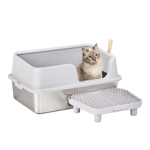 Stainless Steel Cat Litter Box with Lid, Extra Large Litter Pan with High Sides for Big Cats, Kitty Litter Box with Pedal Filter and Scoop, No Odor, Non-Sticky, Anti-Leakage, Easy Cleaning, Gray