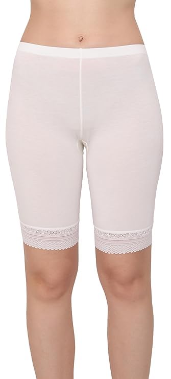 Women's Spandex Mid Waist High Coverage Shorts with Lace - BCA-084SHORTA1-M-Beige-image-43