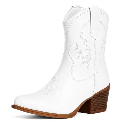 Image of IXU Cowboy Boots for Women Ankle Cowgirl Booties Wide Mid Calf Pointed Toe Western Boots Short Chunky Classic Booties