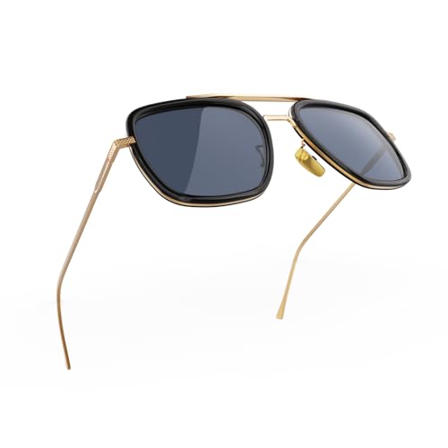 Image of Polarized Sunglasses for Men Women Vintage UV400 Classic Iron-Inspired Hero Style Pilot Sunglasses Fashion Square Metal Frame (Gold Frame /Gray Lens)