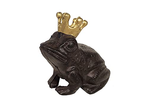 zeitzone Froschkönig Figur Frosch mit Goldener Krone Rustikal Gusseisen Antik-Braun