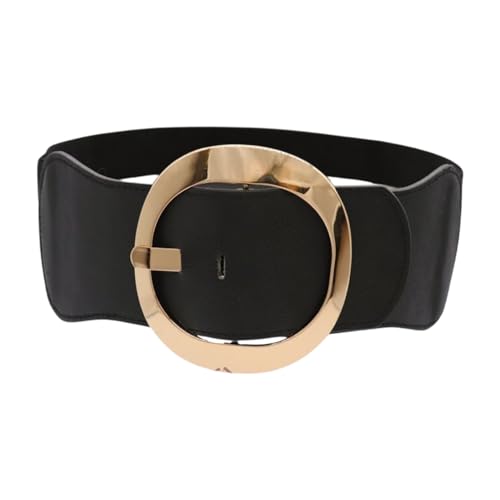 Women Day Night Fashion Wide Black Elastic Waistband Belt Hip Waist Gold Round Buckle S z1642