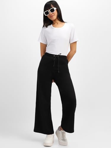Image of JUNEBERRY Wide Leg Track Pants for Women & Girls (Pure Cotton, Bootcut, Regular Fit, High Rise Trouser, Drawstring, Available in Black, Brown, Navy, Olive Green, Lilac, Beige)