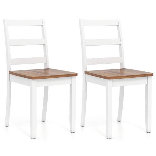 Giantex Dining Chairs, Wooden Armless Kitchen Chairs with Solid Rubber Wood Legs, Farmhouse Ladder Back Dining Chairs for Dining Room (2, White+Brown)