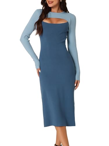Image of Seta T Women's Long Sleeve Crew Neck Stretch Slim Cutout Color Block Ribbed Knit Bodycon Midi Sweater Dress