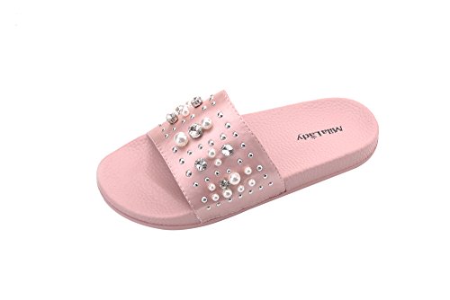 Mila Lady Womens Pearl Slides Sandals Slipper for Indoor Outdoor Beach Casual Shoes, Sandy Pink 8