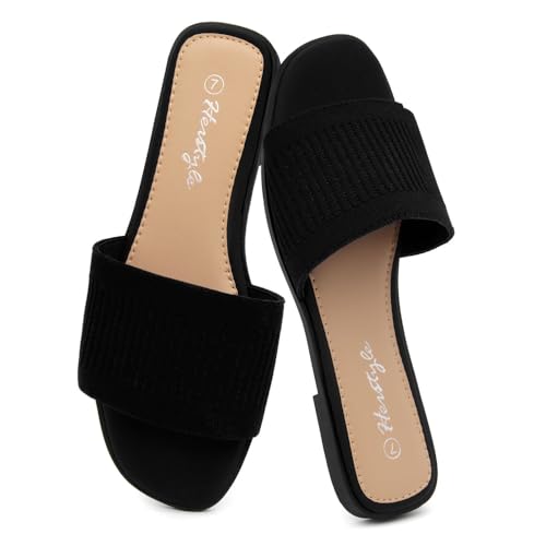 Herstyle Women’s Knit Flat Sandals 2025 – Dressy Casual Slip-On Fashion Sandals with Memory Foam, Square Open Toe Single Band Slides for Summer, Travel & Daily Comfort