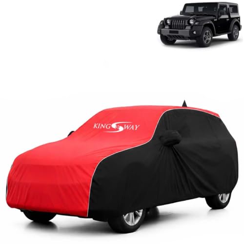 Image of KINGSWAY Super Waterproof Car Cover Only with Mahindra Thar (Year 2020 to 2025 - All Model) | Mirror and Antenna Pockets | All Weather Car Body Cover with Silver Piping | Black Red