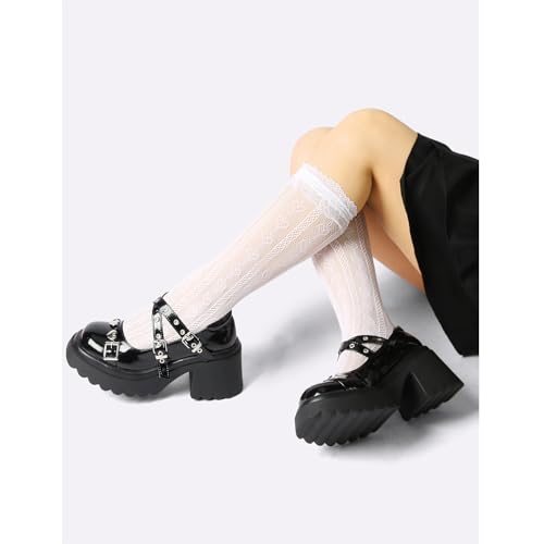 MEOTINA Platform Mary Jane Shoes Women Gothic Shoe Chunky Goth Heels with Heart Ankle Strap Black Patent Leather Pumps4