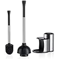 HAMITOR Toilet Plunger and Bowl Brush Set: 2 in 1 Stainless Steel Heavy Duty Toilet Cleaner Plunger with Holder Combo for Bathroom Cleaning - Modern Hideaway Bathroom Accessories with Caddy Stand