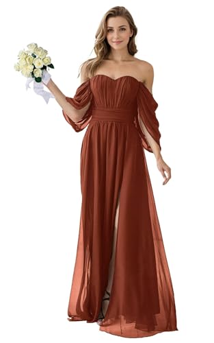 Fair Lady Bridesmaid Dresses for Women Long Chiffon Ruffle Off The Shoulder Formal Evening Party Gowns with Slit