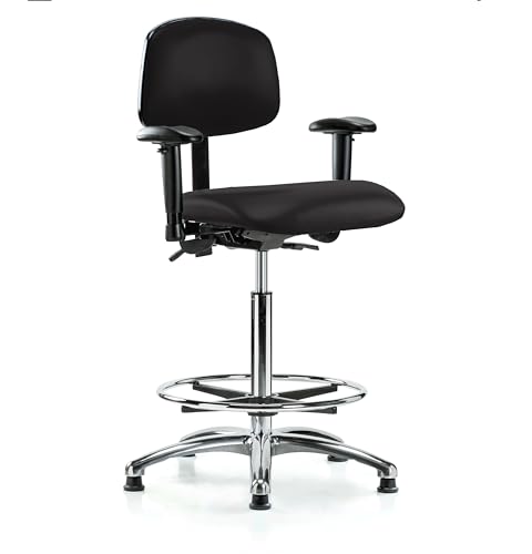 Image of Perch Chrome Stationary Multi-Task Office Chair with Adjustable Armrests and Foot Ring | High Bench Height 24-33.5 inch | Black Vinyl