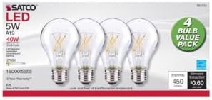 Satco S12460 5 Watt A19 LED Bulb, Clear, 2700K, Medium Base, 120 Volt, 4-Pack