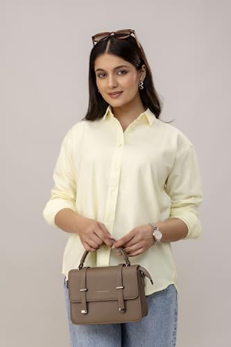 Image of Women's Linen Blend Shirt | Casual Collared Button Down Shirt for Women | Solid Color Full Sleeve Oversized Fit | Summer Casual & Office Wear Top