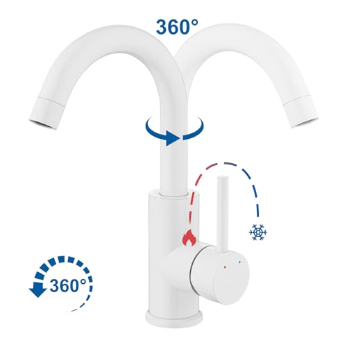 Auralum Wasserhahn Bad mit 60CM Schlauchs, 360° Drehbar Waschtischarmatur, Mischbatterie Einhebelmischer aus Messing, Armaturen für Badezimmer/Kleine Küchenspüle, Weiß