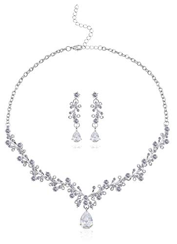 Dreamerry Elegant Rhinestone Cubic Zircon Crystal Bridal Floral Wedding Teardrop Necklace Earrings Set for Brides