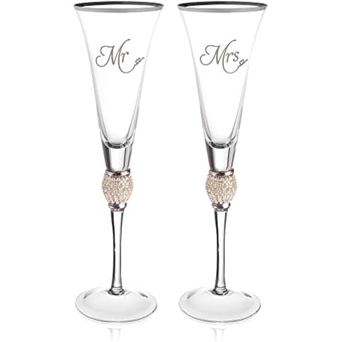 Wedding Champagne Flute - Mr And Mrs Champagne Flute With Silver Rim - Wedding Gift For Couple - Rhinestone Studded Bride And Groom Champagne Glass - Bride Gift - Mr And Mrs Gift Set of 2 By Trinkware Cover