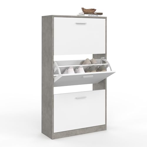 IDMarket - Scarpiera 18 paia KLARK effetto cemento 3 ante bianche