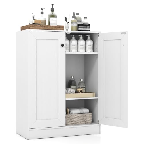 GOPLUS Armario de Almacenmiento de Cocina, Aparador Buffet con Doble Puerta y Estante Ajustable en Altura, Estilo Minimalista, Mueble Organizador Independiente de Interior para Comedor (Blanco)