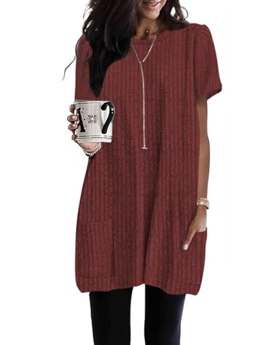 Naggoo Women Ribbed Short Sleeve Shirt with Pockets Long Tunic Tops to Wear Leggings Lightweight Trendy Fashion Long Blouse Tshirts Red XXL
