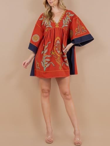 Image of Joiemont Womens Oversized Embroidered Dress with V-Neck and 3 /4 Sleeves Vintage Embroidery Babydoll Dress