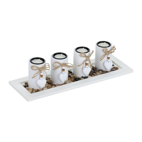 Relaxdays Set Portavelas con Bandeja y Piedras Decorativas, 39,5 cm de Largo, 4 Velitas, Decoración de Mesa, Blanco
