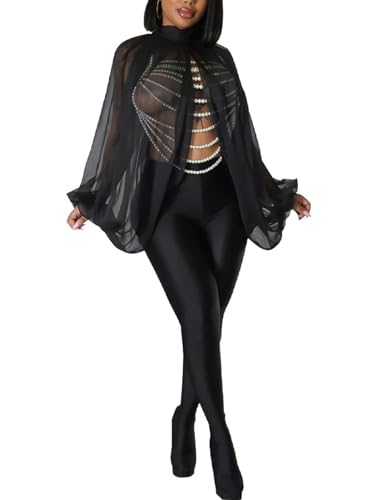 Ophestin Womens Print Sexy Open Back Sheer Chiffon Balloon Sleeve Shirt Blouse Tops Coverup3