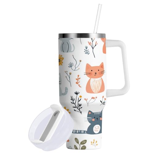 GuoChe Vaso al vacío de 40 onzas con tapa de pajilla, diseño de dibujos animados, gatos, flores, botella de agua blanca, portátil, boca ancha, taza de viaje para agua, té helado, café