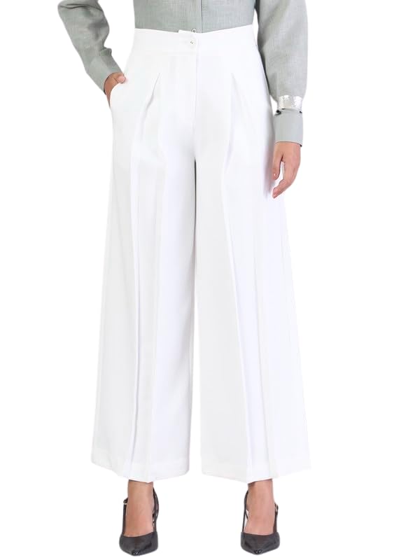 White Trouser Pants for Women | Solid | Formal Office Wear | High Waist | Pleated | Straight Fit | Side Pockets