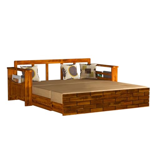 Image of Mamta Furniture Solid Wood Foster 3 Seater Sofa Cum Bed with 40 Density Cushions for Living Room, Three Seater Queen Size Sofa Bed for Home, Sheesham Wood Honey Finish