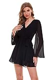 Women's Long Sleeve Chiffon Romper V-Neck Jumpsuit Layer Ruffle Hem Casual Rompers for Summer XL Black