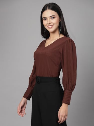Image of Style Quotient Women Black Self Design Polyester Regular Smart Casual Top