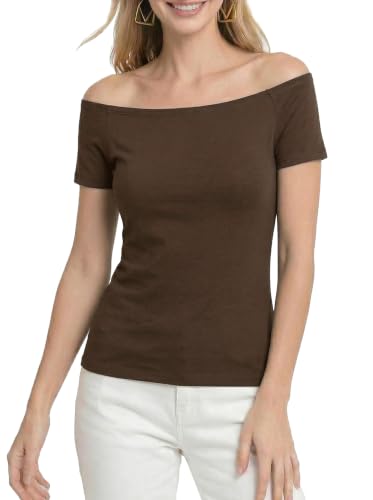 Fuinloth Women's Off Shoulder Tops, One Shoulder Shirts, Short Sleeves Sexy Slim Fit Tees Chocolate Large