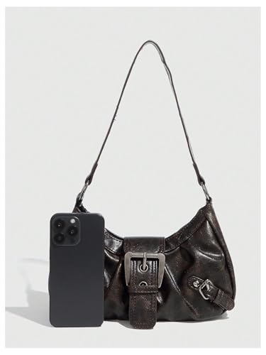 Image of QWINEE Women's Vintage Buckle Shoulder Bag Y2K Punk PU Leather Handbag Clutch Purse