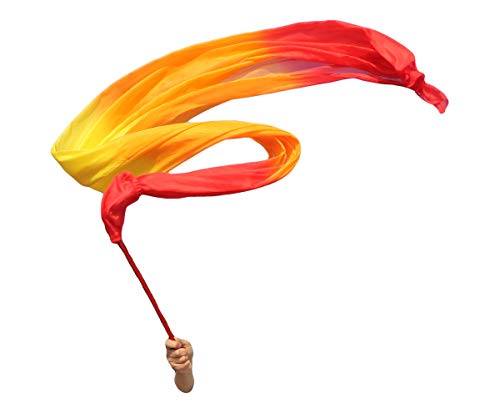 Winged Sirenny Silk Throw Streamer 98" (250cm), Church Worship Praise Prophetic Dance Banner with Rod, Flowing Rhythmic Playsilk(red-orange-yellow-orange-red)