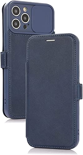 Housse iPhone 13 Pro Max antichoc en cuir bleu étui rabat magnétique avec support