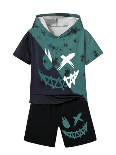 Image of WDIRARA Boy's Two Piece Graphic Print Hooded Neck Tops and Track Shorts Clothing Set