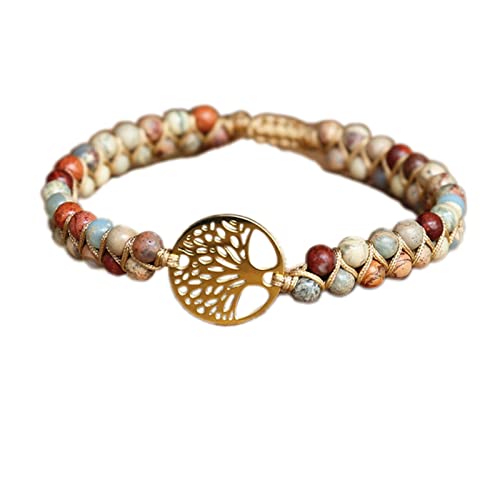 Caiyao Layered Tree of Life Love Heart Natural Stone Bead Braide Rope Bracelet Adjustable Chakra...