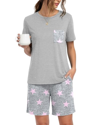 PrinStory Pajama Sets For Womens Short Sleeve Shirts and Shorts Casual Loungewear with Pockets 2026 Summer Pink Star L
