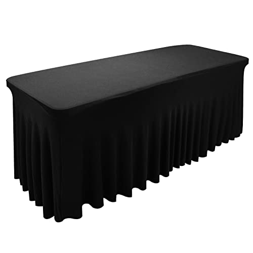 SUNTQ Table Skirts for Rectangle Tables 6ft,Fitted Table Covers for 6 foot tables, Black Table Cloth for 6 ft Table with Skirt, Wrinkle Resistant Spandex Table Cover and Table Skirt
