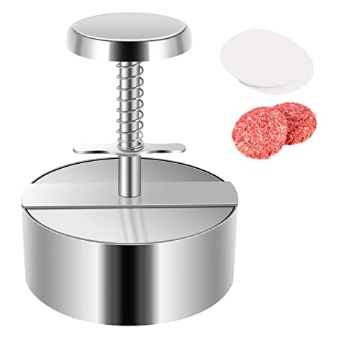 Seahelms Burger Press, 304 Stainless Steel Adjustable Hamburger Maker with Handle and 50 Wax Disc Papers, Round Shape Non-Stick Cutlets Hamburger Meat Beef Grill Burger Smasher Patty Cover