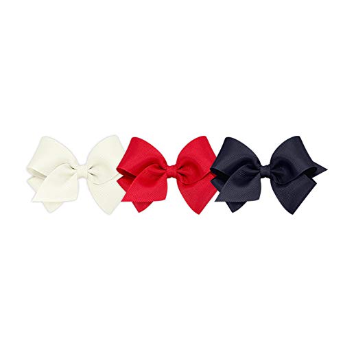 Wee Ones Girls' 3 pc Set Solid Grosgrain Variety Pack on a WeeStay No-Slip Hair Clip, Small, Antique White, Red, and Navy
