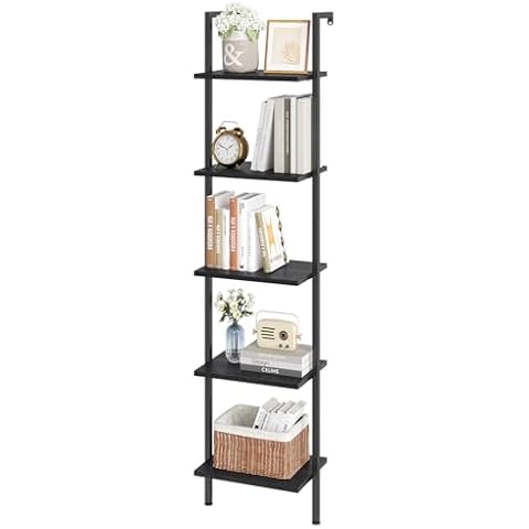 ELYKEN Ladder Shelf, 5-Tier Wood Wall Mounted Bookshelf with Metal Frame, Vintage Open Display Organizer Rack, Leaning Storage Shelves for Living Room, Bedroom, Home Office, Black Cover
