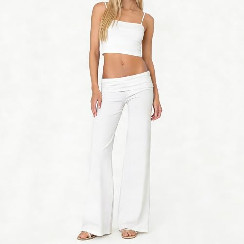 Image of Lounge Yoga Pants for Women Fold Over Low Waist Wide Leg Bell Bottoms | Y2K Foldover Pants, Flare Leggings, Low Rise Yoga Sweatpants